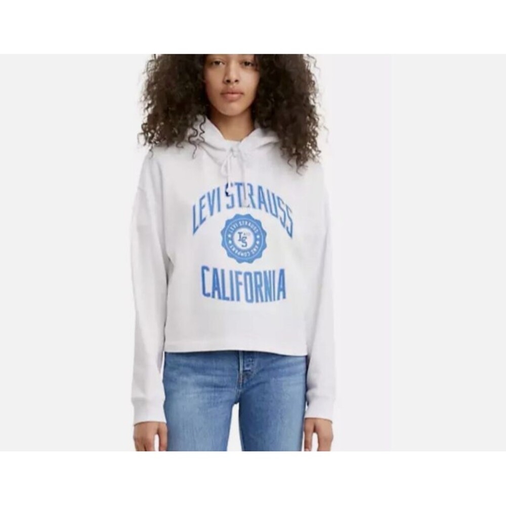 Levis Sam Cropped Crest Logo Hooded Sweatshirt-X Large-Fleece Lined-White-NEW